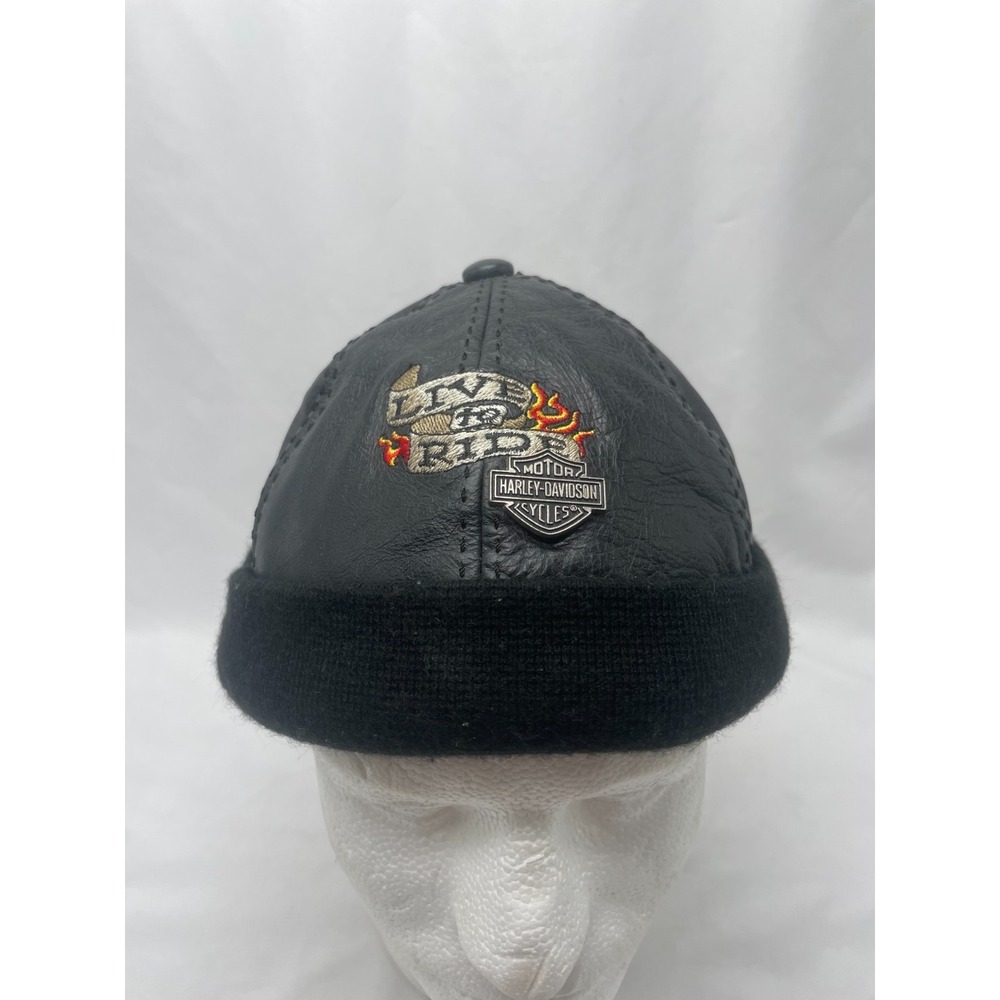 Vintage Harley Davidson Live To Ride Black Leather Riding Skull Cap Adjustable